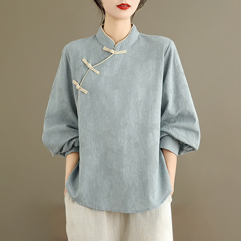 Buddha Stones春の伝統的な花柄フロッグボタンスタンドカラー長袖レディースコットンシャツ - image 1
