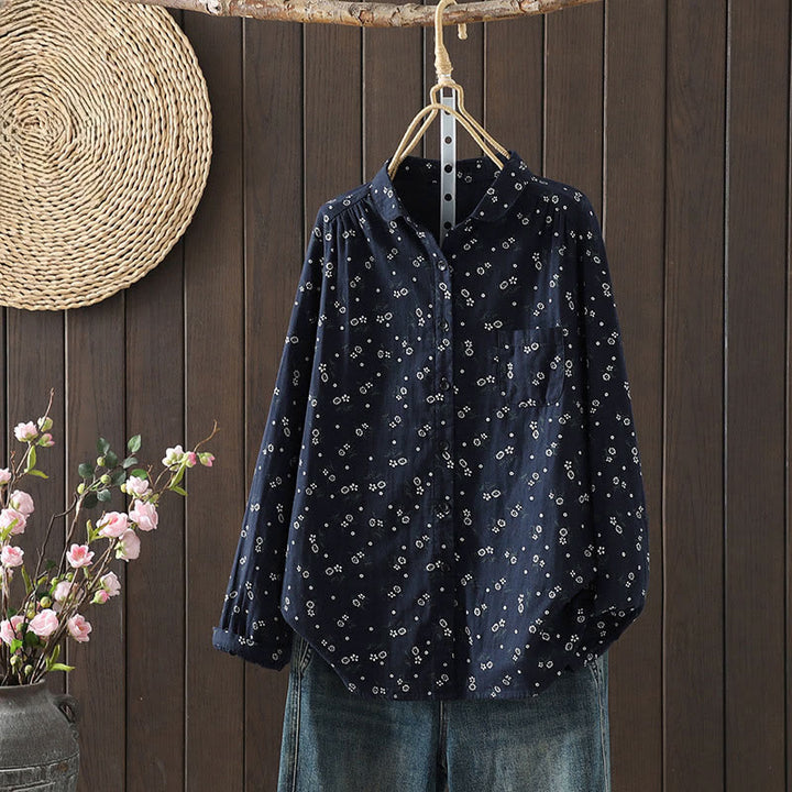 Buddha Stones秋 小花柄 ボタンダウンデザイン 長袖 レディース コットンシャツ - スティールブルー - US8-10，UK/AU12-14，EU40-42 (2XL) - image 0