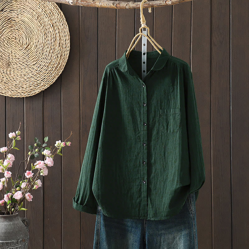 Buddha Stones秋 小花柄 ボタンダウンデザイン 長袖 レディース コットンシャツ - ダークグリーン - US8-10，UK/AU12-14，EU40-42 (2XL) - image 17