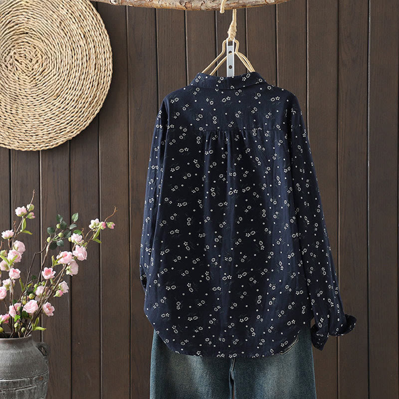 Buddha Stones秋 小花柄 ボタンダウンデザイン 長袖 レディース コットンシャツ - image 2