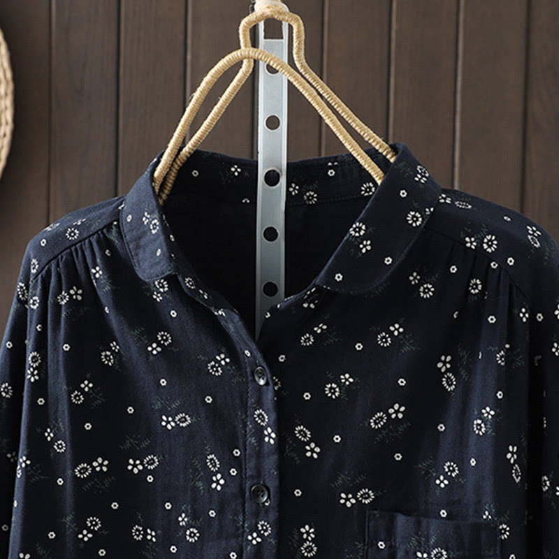 Buddha Stones秋 小花柄 ボタンダウンデザイン 長袖 レディース コットンシャツ - image 3