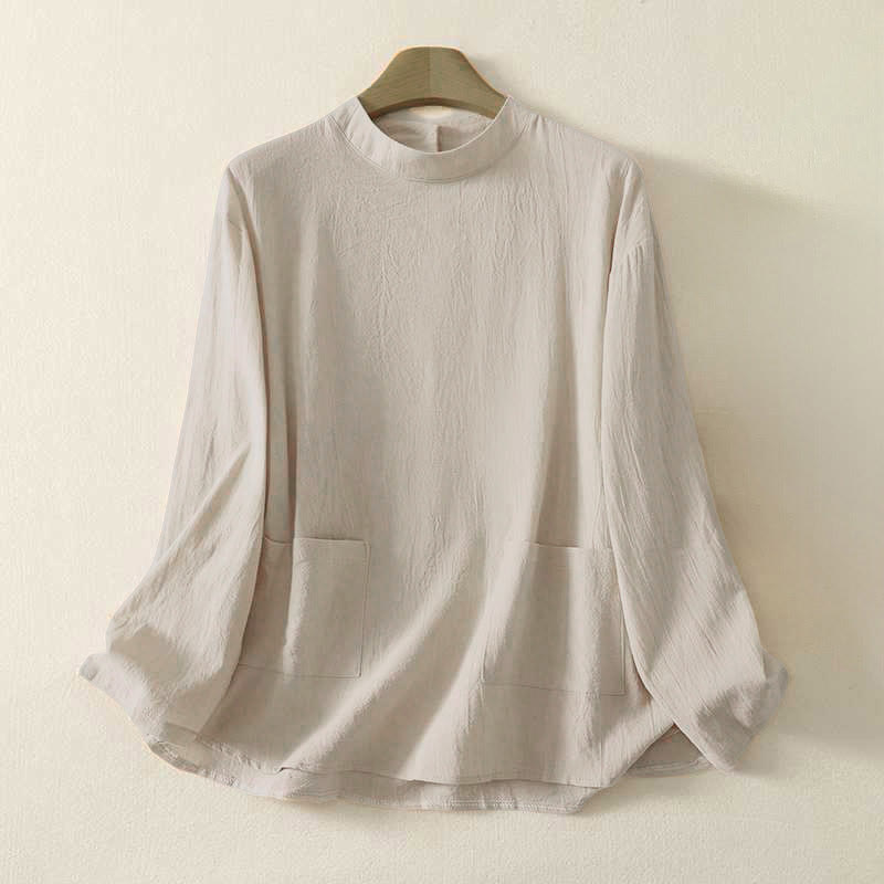 Buddha Stones秋 無地 クルーネック バック3つボタンデザイン レディース コットン 長袖シャツ - ベージュ - US8-10，UK/AU12-14，EU40-42 (2XL) - image 0