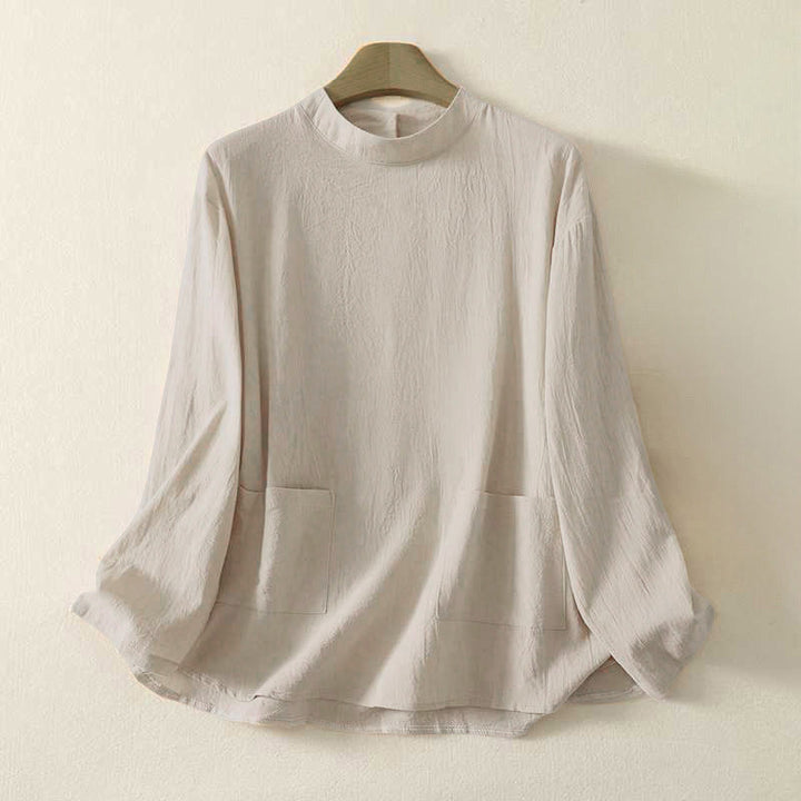 Buddha Stones秋 無地 クルーネック バック3つボタンデザイン レディース コットン 長袖シャツ - ベージュ - US8-10，UK/AU12-14，EU40-42 (2XL) - image 0