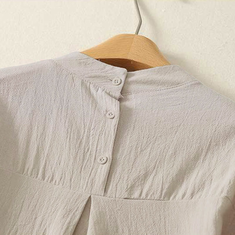 Buddha Stones秋 無地 クルーネック バック3つボタンデザイン レディース コットン 長袖シャツ - image 3