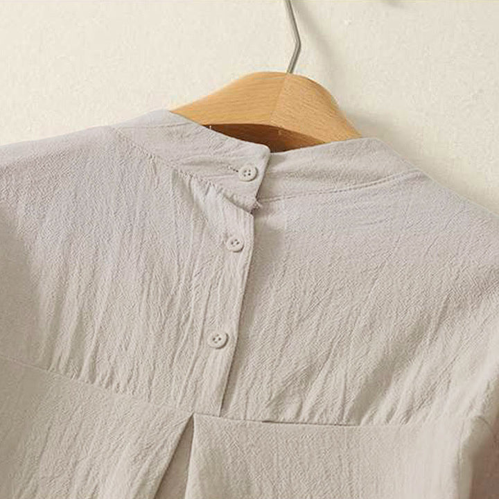 Buddha Stones秋 無地 クルーネック バック3つボタンデザイン レディース コットン 長袖シャツ - image 3