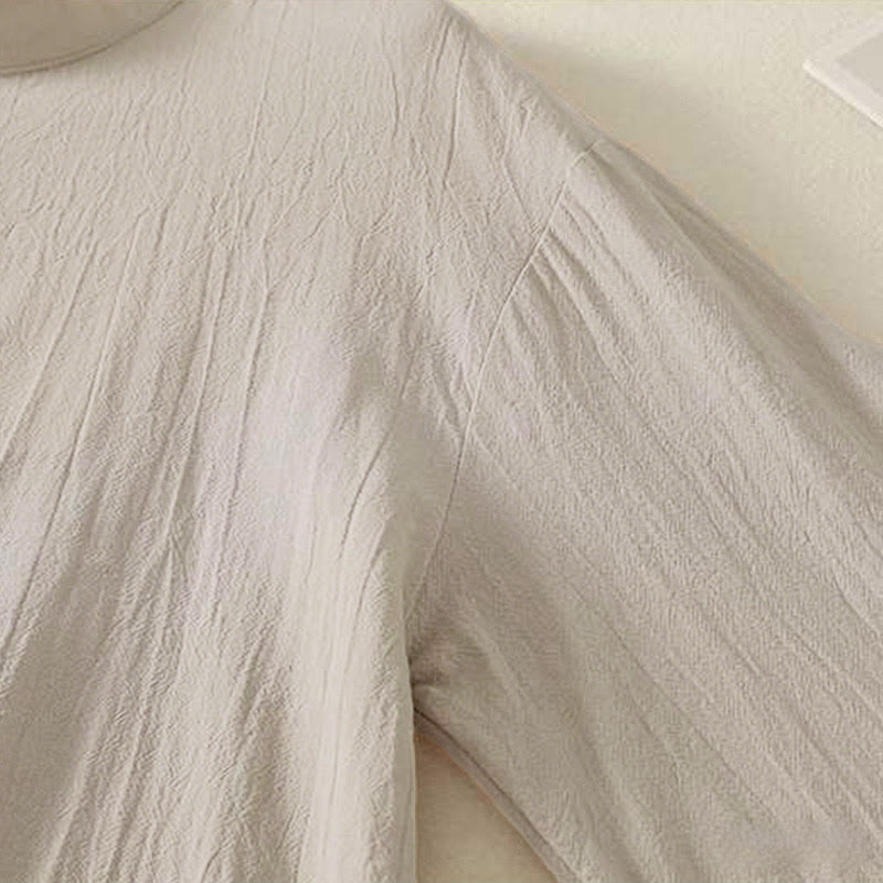 Buddha Stones秋 無地 クルーネック バック3つボタンデザイン レディース コットン 長袖シャツ - image 5