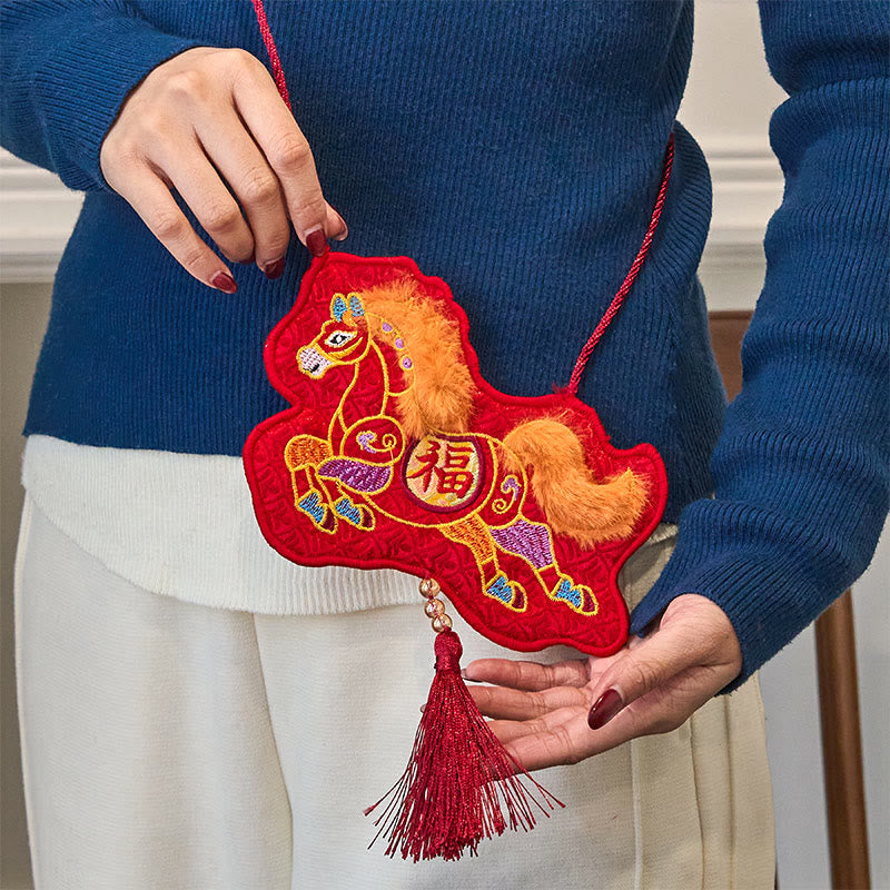 Buddha Stones、馬年2026年新年福文字タッセル刺繍、中国の赤い封筒 - 馬のタッセル付き赤い封筒（10.5×18.5cm） - image 0