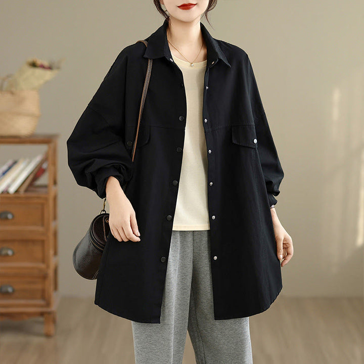 Buddha Stones 秋 純色 ラペルボタン シンプルデザイン レディース コットン 長袖 ジャケット - 黒 - US14、 UK/AU18、 EU46 (2XL) - image 5