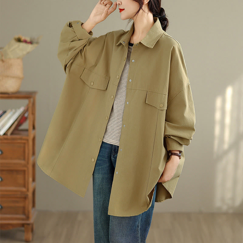 Buddha Stones 秋 純色 ラペルボタン シンプルデザイン レディース コットン 長袖 ジャケット - ダークカーキ - US14、 UK/AU18、 EU46 (2XL) - image 11