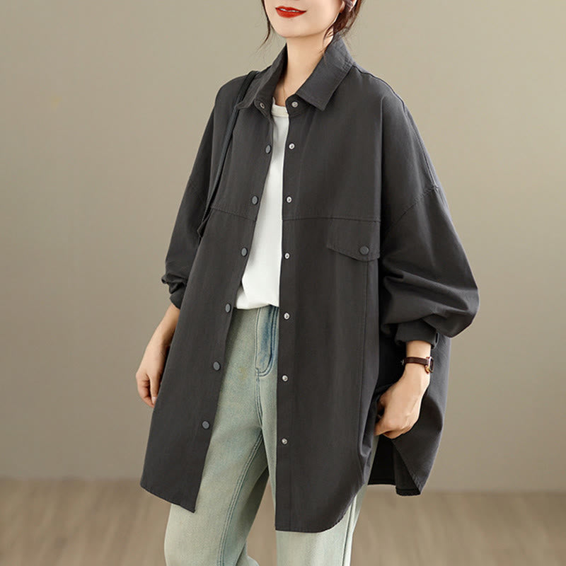 Buddha Stones 秋 純色 ラペルボタン シンプルデザイン レディース コットン 長袖 ジャケット - image 1