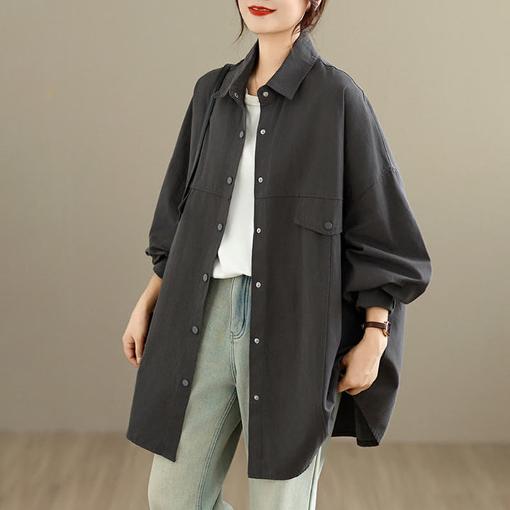 Buddha Stones 秋 純色 ラペルボタン シンプルデザイン レディース コットン 長袖 ジャケット - image 1