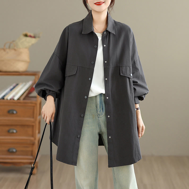 Buddha Stones 秋 純色 ラペルボタン シンプルデザイン レディース コットン 長袖 ジャケット - ディムグレー - US14、 UK/AU18、 EU46 (2XL) - image 0