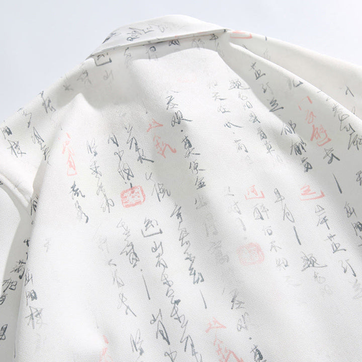 Buddha Stones カリグラフィープリント柄メタルバーフロッグクロージャーデザイン半袖メンズシャツポケット付き - image 5