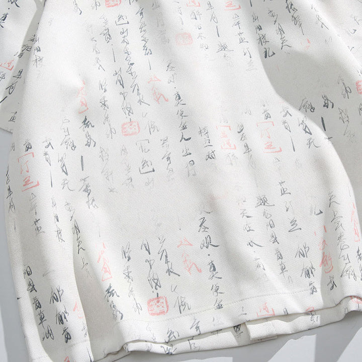 Buddha Stones カリグラフィープリント柄メタルバーフロッグクロージャーデザイン半袖メンズシャツポケット付き - image 9