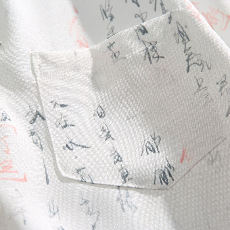 Buddha Stones カリグラフィープリント柄メタルバーフロッグクロージャーデザイン半袖メンズシャツポケット付き - image 6