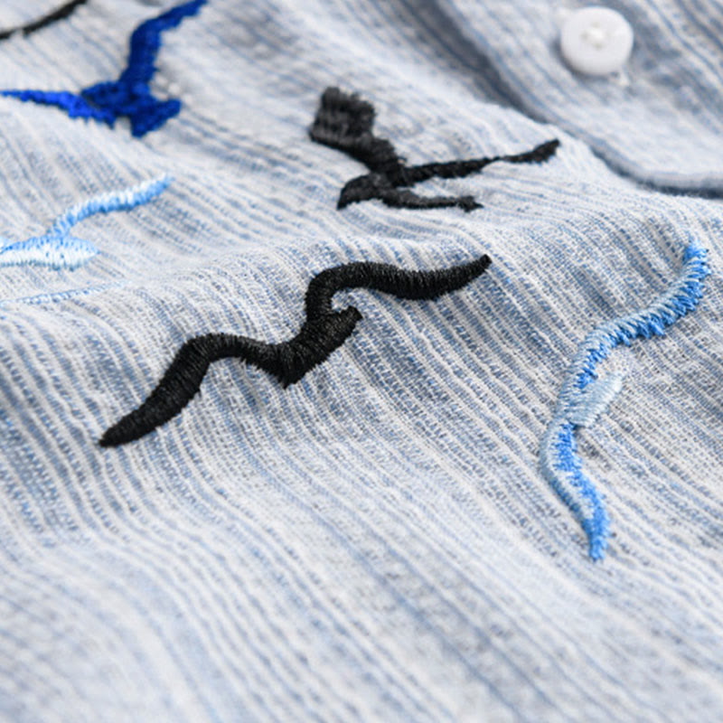 Buddha Stones 刺繍鳥ストライプ柄長袖メンズコットンシャツ（ポケット付き） - image 7