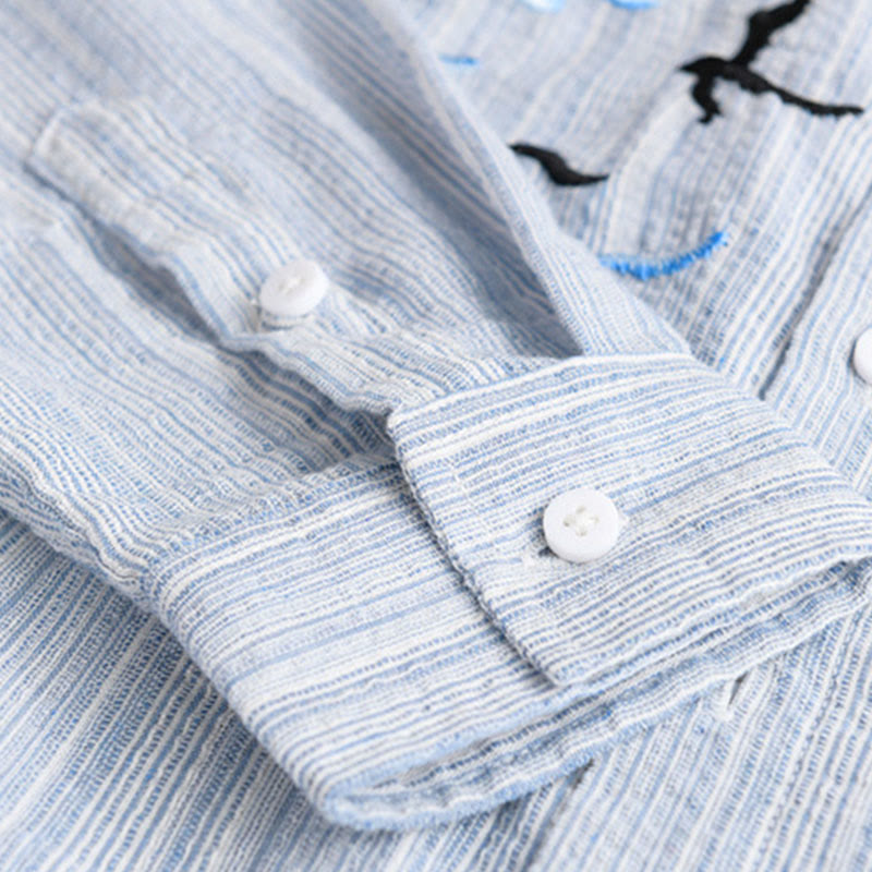 Buddha Stones 刺繍鳥ストライプ柄長袖メンズコットンシャツ（ポケット付き） - image 9