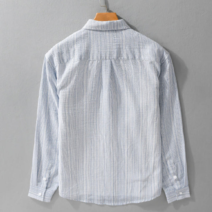 Buddha Stones 刺繍鳥ストライプ柄長袖メンズコットンシャツ（ポケット付き） - image 1