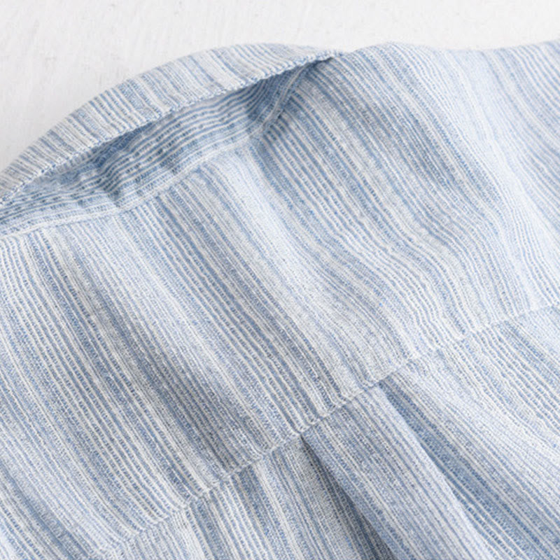 Buddha Stones 刺繍鳥ストライプ柄長袖メンズコットンシャツ（ポケット付き） - image 5