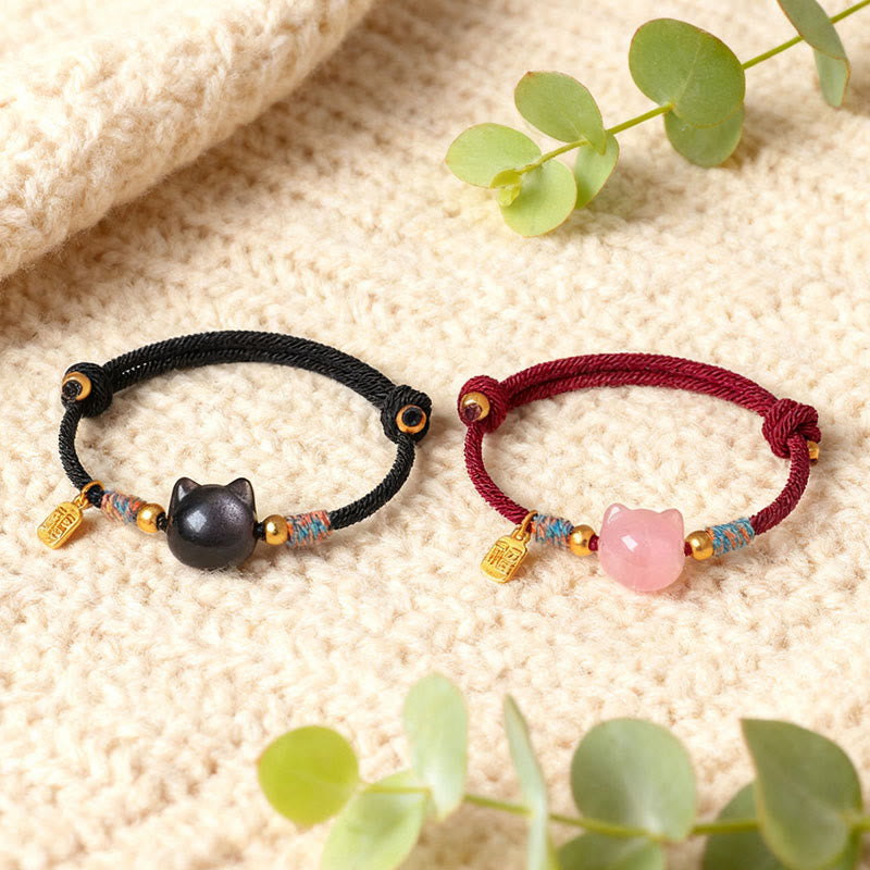 Buddha Stones キャットフーキャラクター シルバーシーンオブシディアン ピンククリスタルストリング守護ブレスレット - image 16