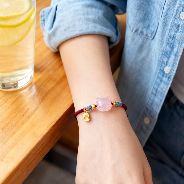 Buddha Stones キャットフーキャラクター シルバーシーンオブシディアン ピンククリスタルストリング守護ブレスレット - image 15