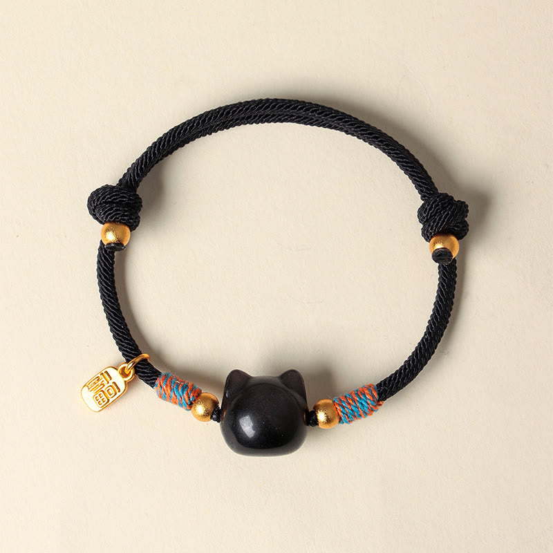 Buddha Stones キャットフーキャラクター シルバーシーンオブシディアン ピンククリスタルストリング守護ブレスレット - image 3