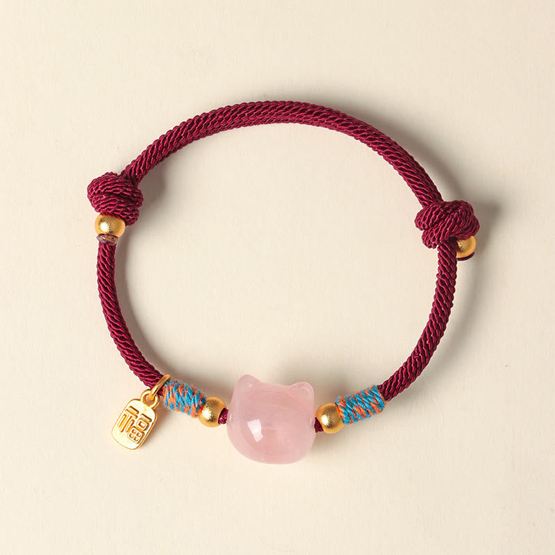 Buddha Stones キャットフーキャラクター シルバーシーンオブシディアン ピンククリスタルストリング守護ブレスレット - image 10