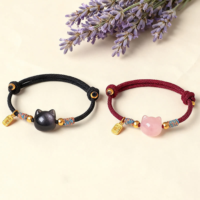 Buddha Stones キャットフーキャラクター シルバーシーンオブシディアン ピンククリスタルストリング守護ブレスレット - image 17
