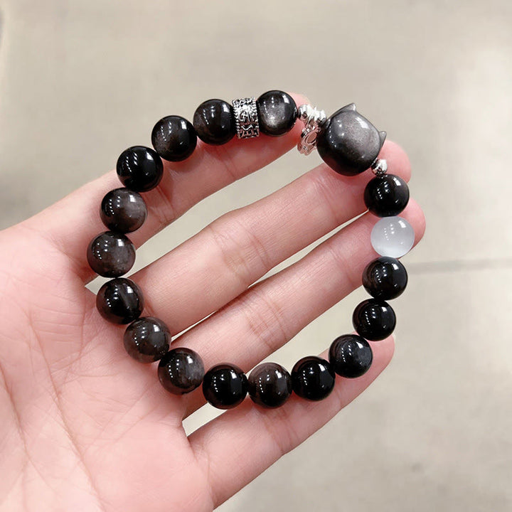 Buddha Stones キャットヘッド ホワイトキャッツアイ シルバーシーンオブシディアン幸運を呼ぶブレスレット - シルバーシーンオブシディアンビーズ サイズ 10mm (手首周り:14-15cm) - image 14