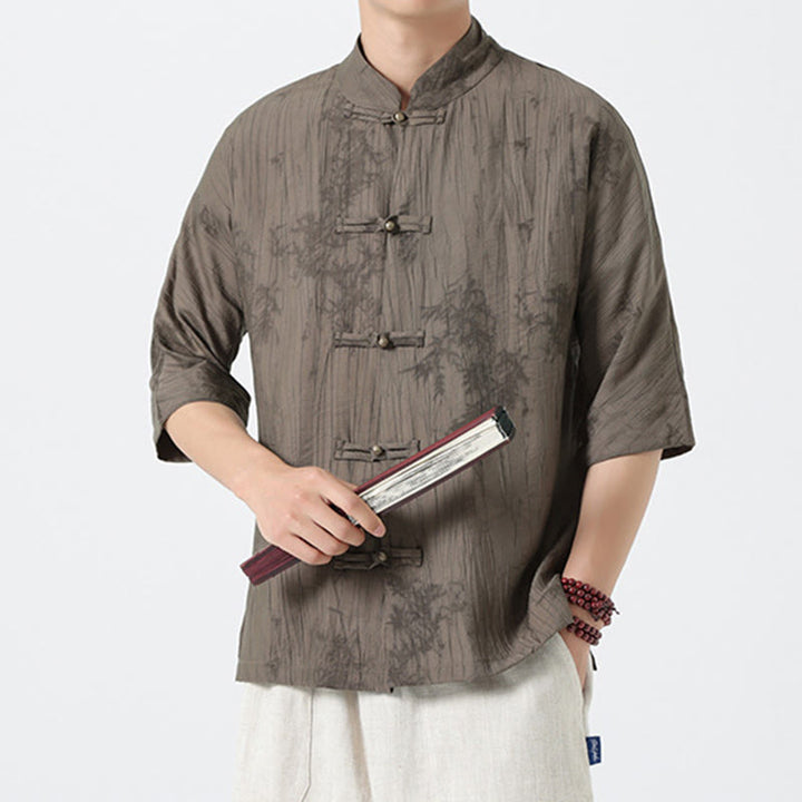 Buddha Stones 夏 松葉柄 半袖 カエルボタンデザイン メンズシャツ - タン - US/UK/AU46、 EU56 (5XL) - image 0