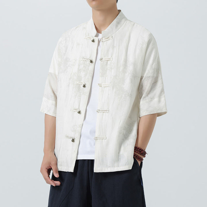 Buddha Stones 夏 松葉柄 半袖 カエルボタンデザイン メンズシャツ - 白 - US/UK/AU46、 EU56 (5XL) - image 9