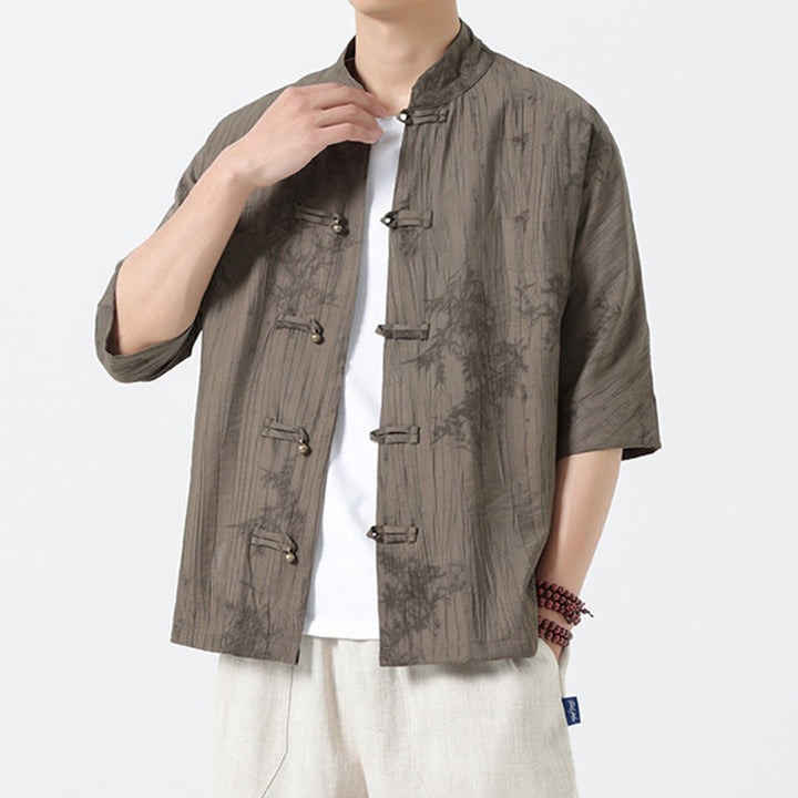 Buddha Stones 夏 松葉柄 半袖 カエルボタンデザイン メンズシャツ - image 2