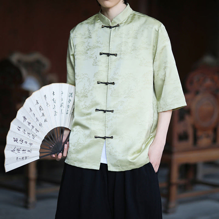 Buddha Stones 夏 松山柄 半袖 カエルボタンデザイン メンズシャツ - ペールグリーン - US/UK/AU46、 EU56 (5XL) - image 0