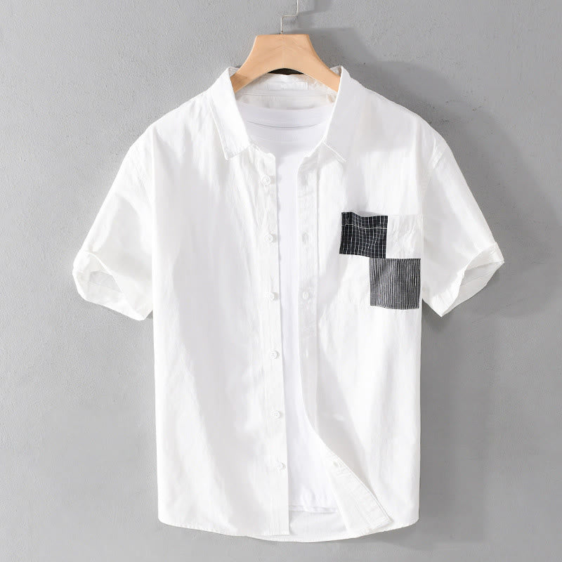 Buddha Stones 夏ボタンスクエアストライプカラーブロッキング装飾ポケットメンズ半袖コットンシャツ - 白 - US/UK/AU40、EU50（3XL） - image 3