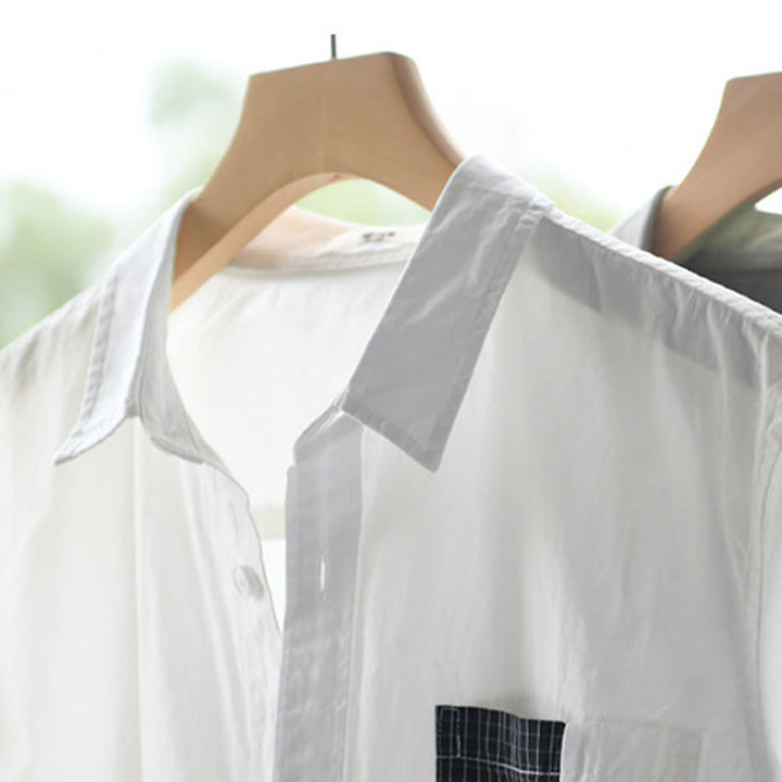 Buddha Stones 夏ボタンスクエアストライプカラーブロッキング装飾ポケットメンズ半袖コットンシャツ - image 6