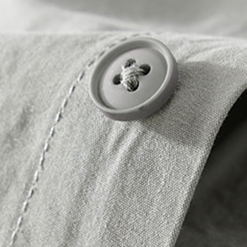 Buddha Stones 夏ボタンスクエアストライプカラーブロッキング装飾ポケットメンズ半袖コットンシャツ - image 1