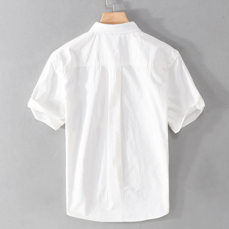 Buddha Stones 夏ボタンスクエアストライプカラーブロッキング装飾ポケットメンズ半袖コットンシャツ - image 4