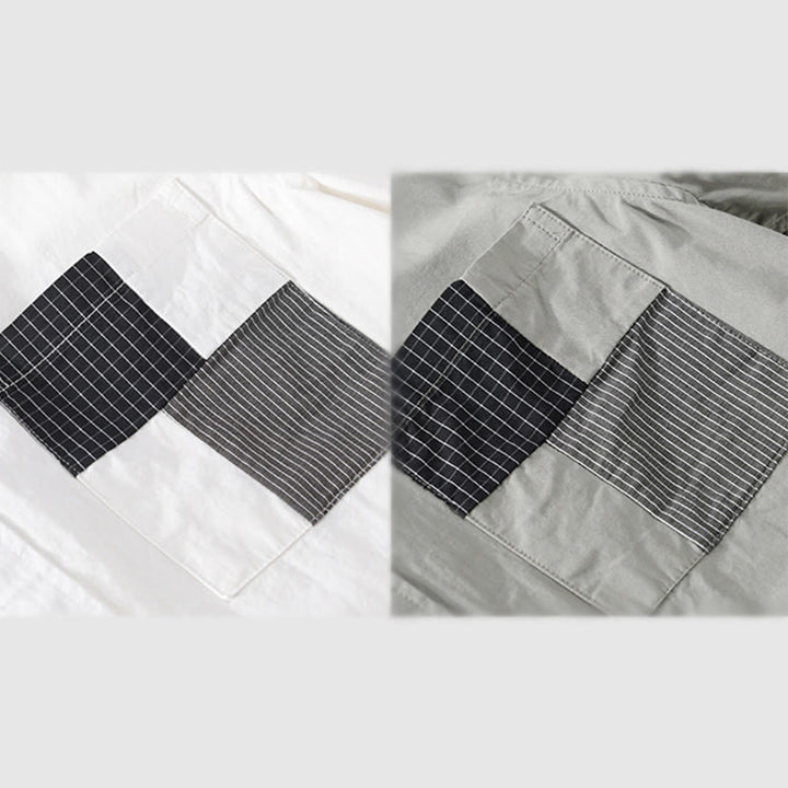 Buddha Stones 夏ボタンスクエアストライプカラーブロッキング装飾ポケットメンズ半袖コットンシャツ - image 14