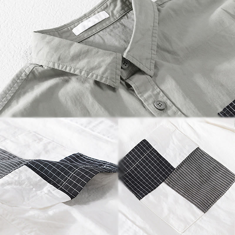 Buddha Stones 夏ボタンスクエアストライプカラーブロッキング装飾ポケットメンズ半袖コットンシャツ - image 11