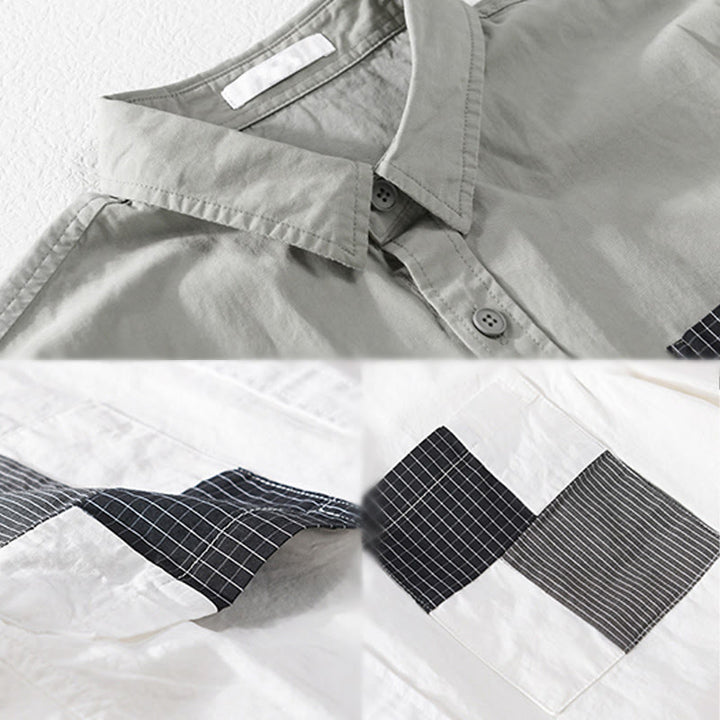 Buddha Stones 夏ボタンスクエアストライプカラーブロッキング装飾ポケットメンズ半袖コットンシャツ - image 11