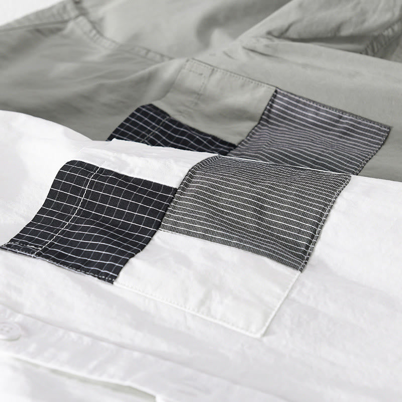 Buddha Stones 夏ボタンスクエアストライプカラーブロッキング装飾ポケットメンズ半袖コットンシャツ - image 12