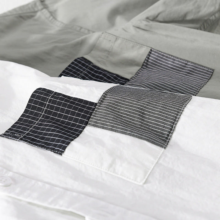 Buddha Stones 夏ボタンスクエアストライプカラーブロッキング装飾ポケットメンズ半袖コットンシャツ - image 12