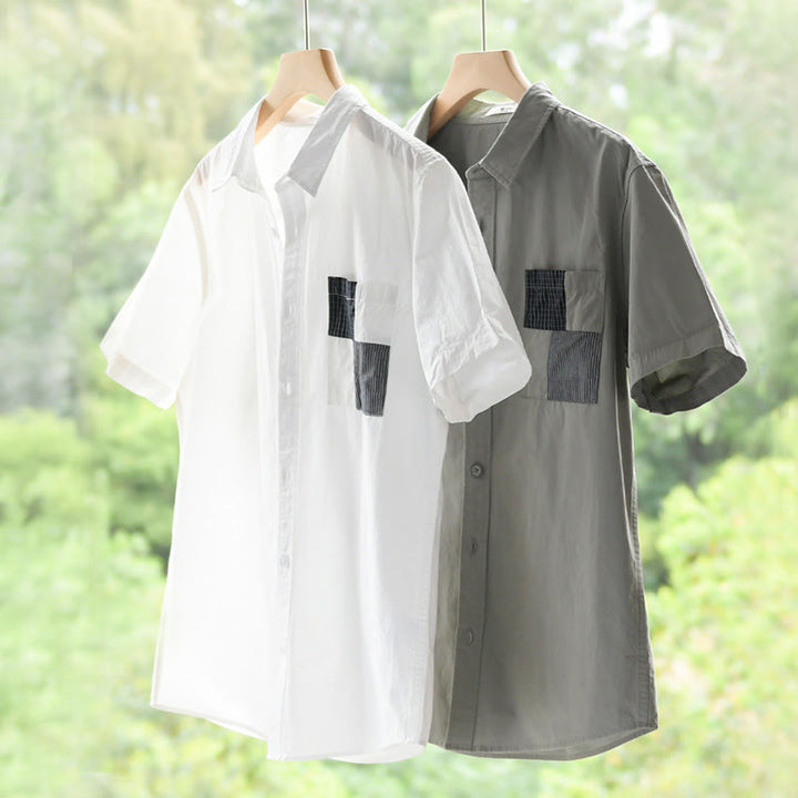 Buddha Stones 夏ボタンスクエアストライプカラーブロッキング装飾ポケットメンズ半袖コットンシャツ - image 10