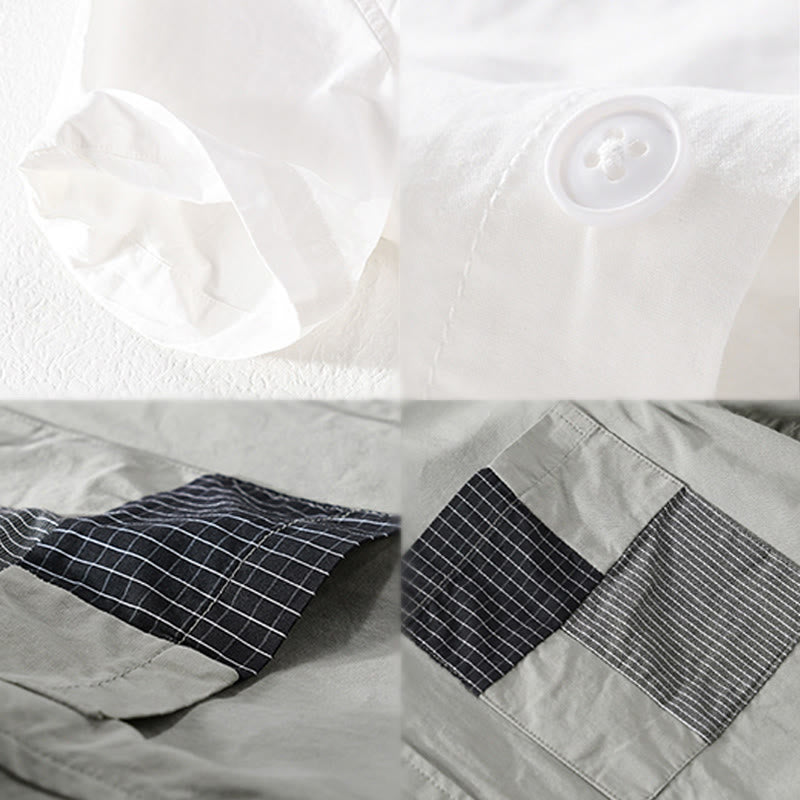 Buddha Stones 夏ボタンスクエアストライプカラーブロッキング装飾ポケットメンズ半袖コットンシャツ - image 13