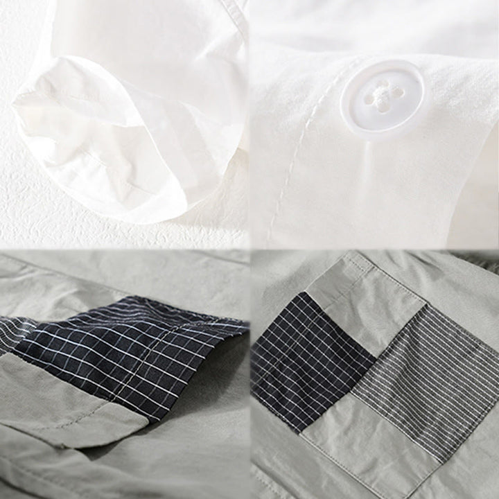 Buddha Stones 夏ボタンスクエアストライプカラーブロッキング装飾ポケットメンズ半袖コットンシャツ - image 13