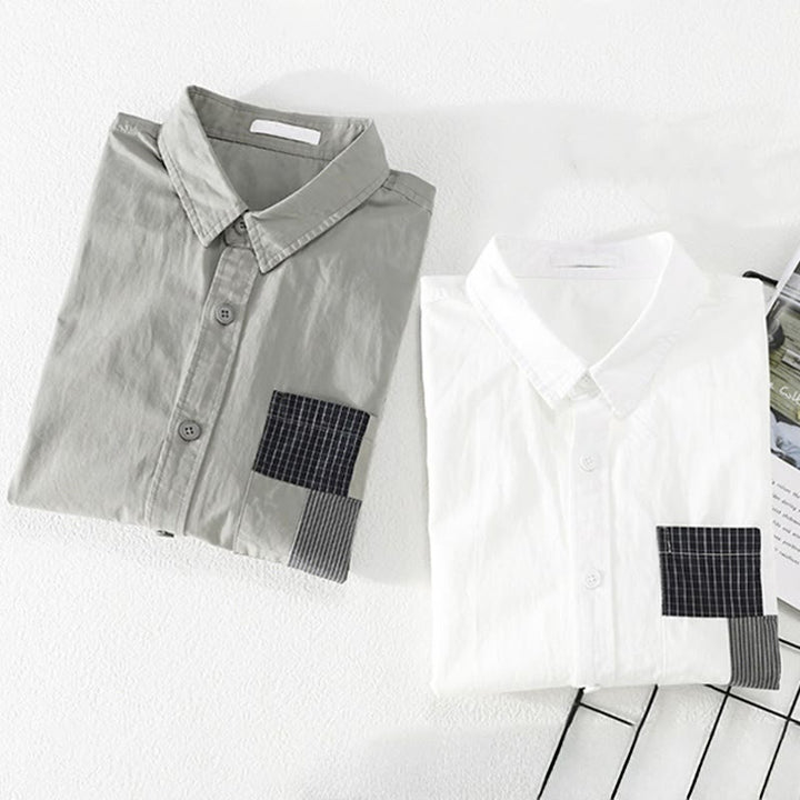 Buddha Stones 夏ボタンスクエアストライプカラーブロッキング装飾ポケットメンズ半袖コットンシャツ - image 8