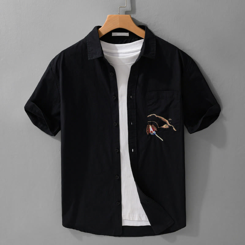 Buddha Stones 夏用ボタンダウン 鳥刺繍 装飾ポケット付き メンズ 半袖 コットンシャツ - 黒 - US/UK/AU40、EU50（3XL） - image 10