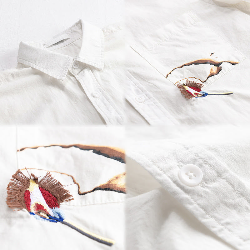 Buddha Stones 夏用ボタンダウン 鳥刺繍 装飾ポケット付き メンズ 半袖 コットンシャツ - image 2
