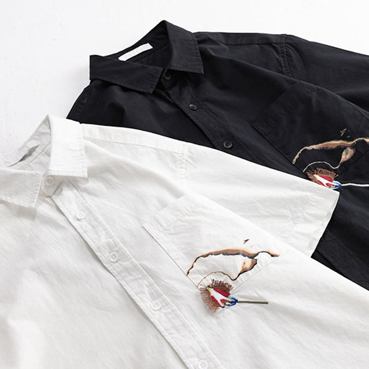 Buddha Stones 夏用ボタンダウン 鳥刺繍 装飾ポケット付き メンズ 半袖 コットンシャツ - image 15