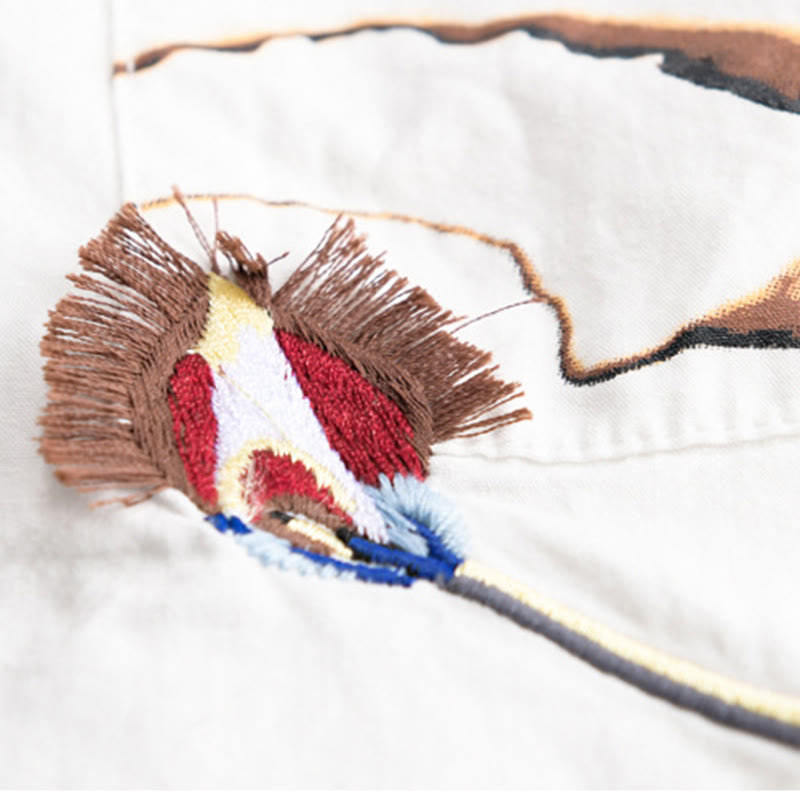 Buddha Stones 夏用ボタンダウン 鳥刺繍 装飾ポケット付き メンズ 半袖 コットンシャツ - image 7